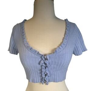 Urban Outfitters Y2K 90s Crop Ruffle Button Front Baby Blue Coquette Cottagecore